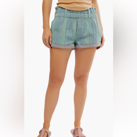 NWT FREE PEOPLE Ocean Blue Combo Cotton Striped Shorts - Picture 2 of 11
